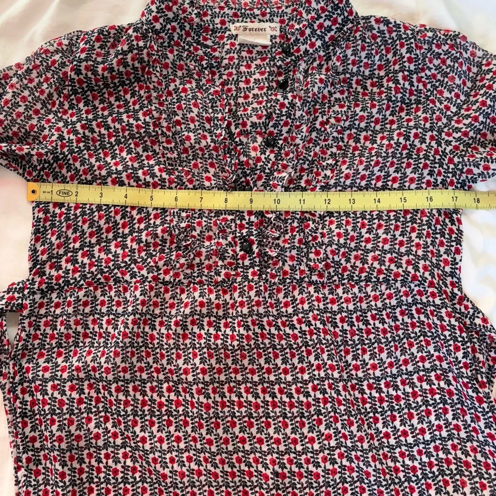 Vintage Forever 21 Red Black Floral Sheer Tunic Top Ruffle Y2K - Picture 12 of 14